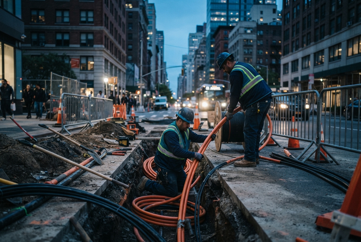 Two utility workers install orange conduits and black cables in a barricaded downtown street trench at dusk.