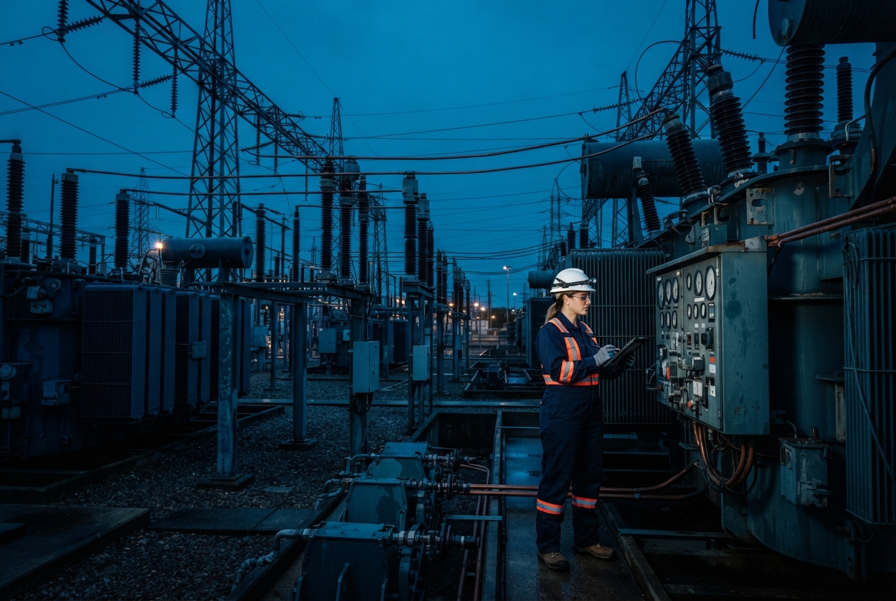 Electrical substation worker in safety gear checks a control panel among transformers and high-voltage towers at dusk.