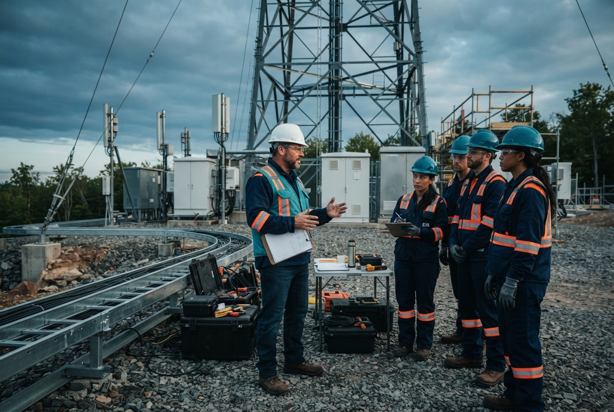 Workers in reflective uniforms receive a briefing beside a communications tower and construction equipment.