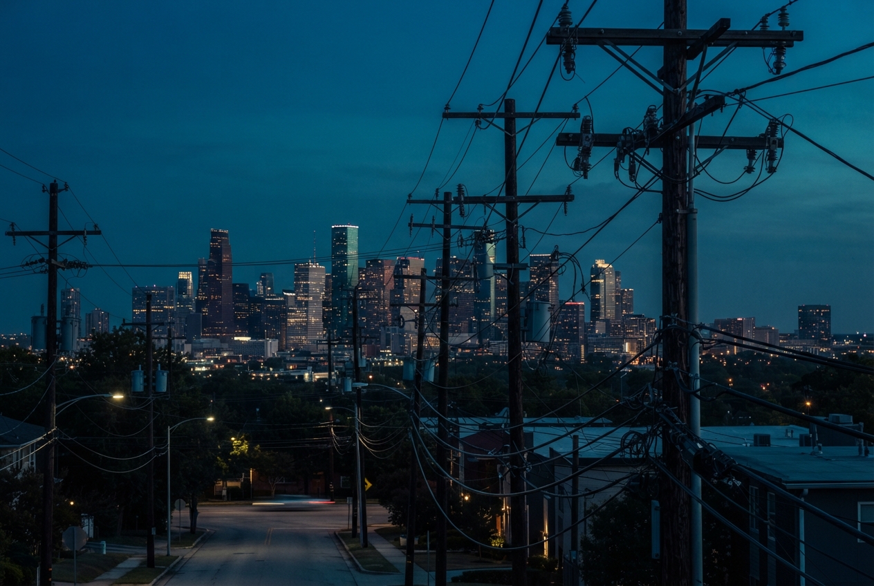 Dusk city skyline viewed through dense utility poles and overhead wires above a quiet neighborhood street.
