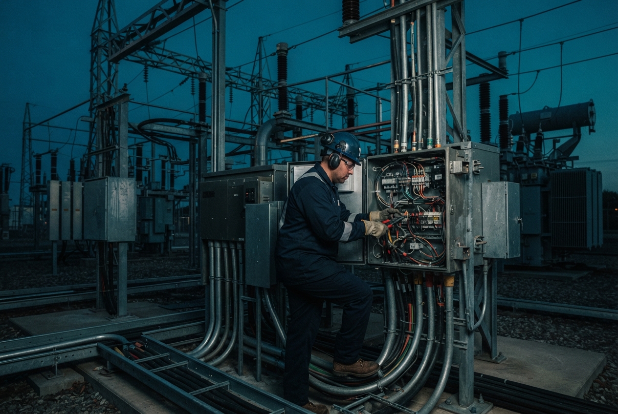 Technician in protective gear wiring an open electrical control cabinet at a high-voltage substation.