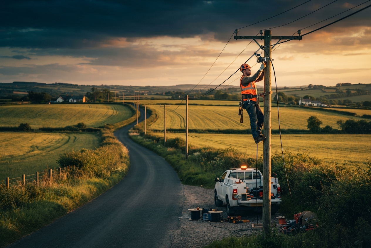 Utility worker repairs overhead power lines beside a truck on a rural road at sunset.