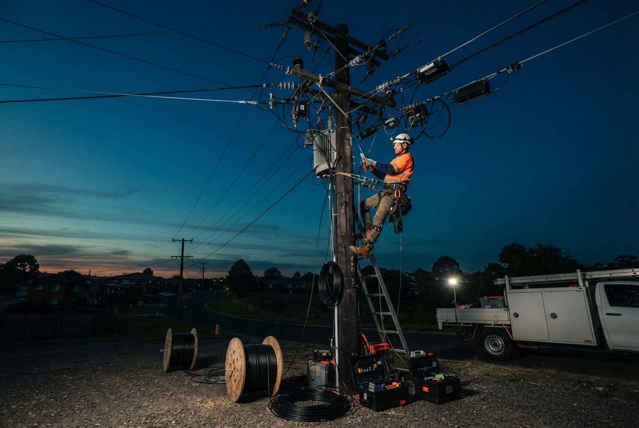 Utility worker repairs a cable-laden pole at dusk beside a service truck, ladder, tools, and cable reels.