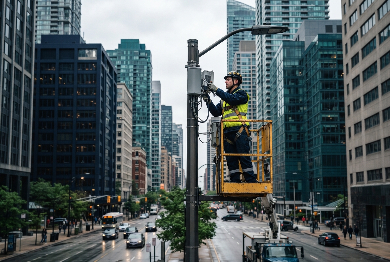 Utility worker in a raised yellow lift repairs equipment on a streetlight amid wet downtown streets and high-rise buildings.