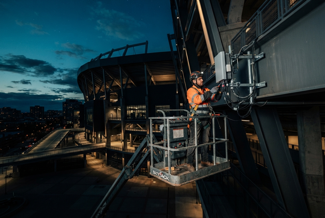 Worker in an orange safety jacket repairs equipment from a Skyjack lift beside a lit stadium at dusk.
